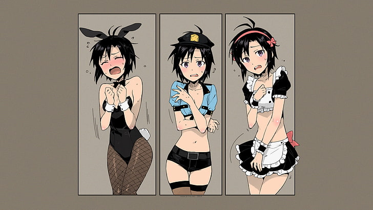personnage d'anime aux cheveux noirs, Kikuchi Makoto, Miyamoto Fumée, manga, bas, uniforme, tenue de la bonnecollage, Fond d'écran HD